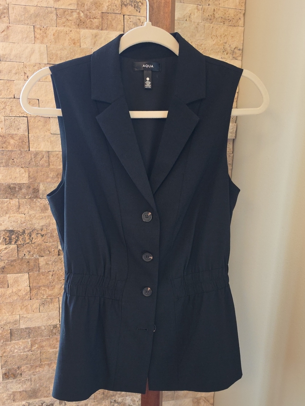 Aqua Sleeveless Black Button-Front Tailored Vest w/cinched Waist